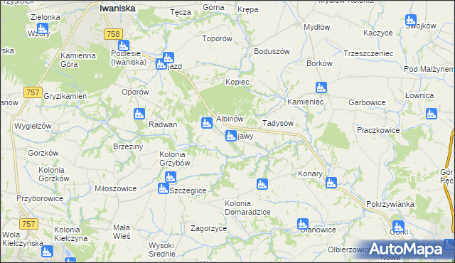 mapa Kujawy gmina Iwaniska, Kujawy gmina Iwaniska na mapie Targeo