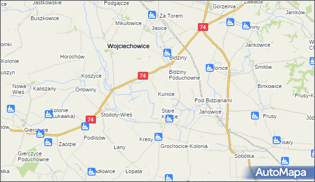mapa Kunice gmina Wojciechowice, Kunice gmina Wojciechowice na mapie Targeo