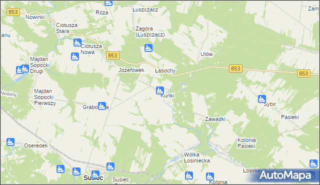 mapa Kunki gmina Susiec, Kunki gmina Susiec na mapie Targeo