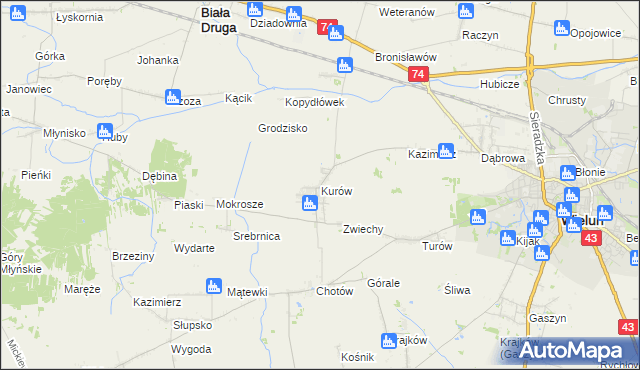 mapa Kurów gmina Wieluń, Kurów gmina Wieluń na mapie Targeo