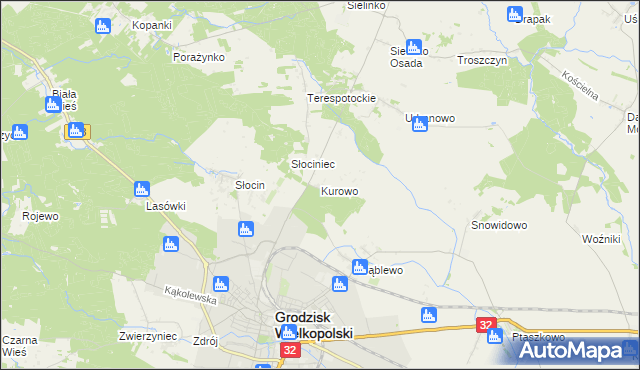 mapa Kurowo gmina Grodzisk Wielkopolski, Kurowo gmina Grodzisk Wielkopolski na mapie Targeo