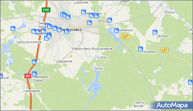 mapa Kuźnik gmina Międzyrzecz, Kuźnik gmina Międzyrzecz na mapie Targeo