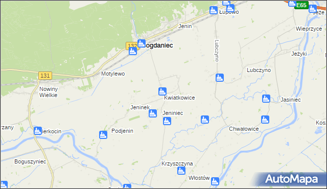 mapa Kwiatkowice gmina Bogdaniec, Kwiatkowice gmina Bogdaniec na mapie Targeo