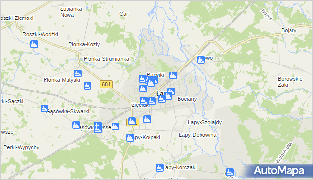 mapa Łapy, Łapy na mapie Targeo