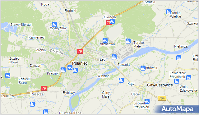 mapa Łęg gmina Połaniec, Łęg gmina Połaniec na mapie Targeo