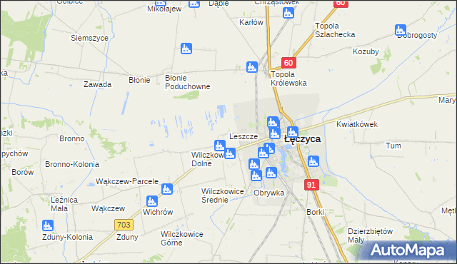 mapa Leszcze gmina Łęczyca, Leszcze gmina Łęczyca na mapie Targeo