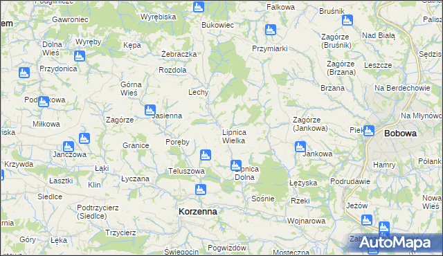 mapa Lipnica Wielka gmina Korzenna, Lipnica Wielka gmina Korzenna na mapie Targeo