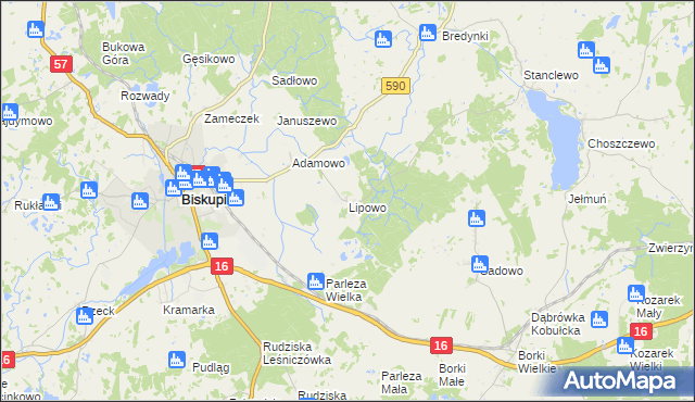 mapa Lipowo gmina Biskupiec, Lipowo gmina Biskupiec na mapie Targeo