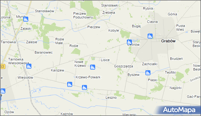 mapa Lisice gmina Dąbie, Lisice gmina Dąbie na mapie Targeo