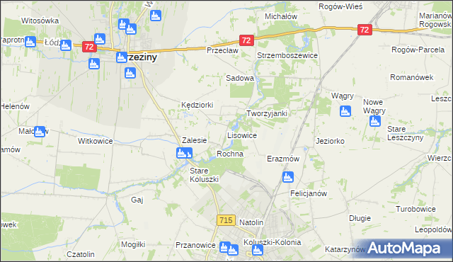 mapa Lisowice gmina Koluszki, Lisowice gmina Koluszki na mapie Targeo