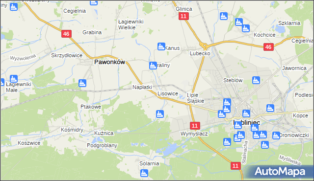 mapa Lisowice gmina Pawonków, Lisowice gmina Pawonków na mapie Targeo