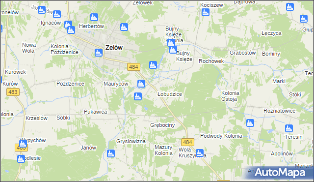 mapa Łobudzice gmina Zelów, Łobudzice gmina Zelów na mapie Targeo