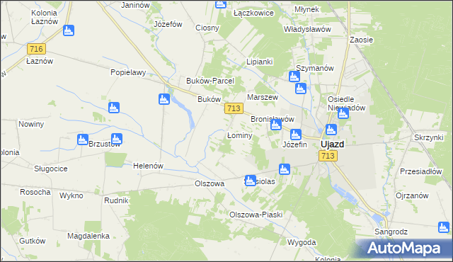 mapa Łominy gmina Ujazd, Łominy gmina Ujazd na mapie Targeo