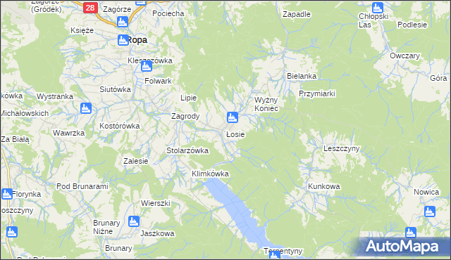 mapa Łosie gmina Ropa, Łosie gmina Ropa na mapie Targeo