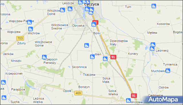 mapa Lubień gmina Łęczyca, Lubień gmina Łęczyca na mapie Targeo