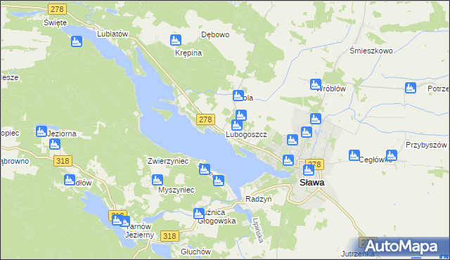mapa Lubogoszcz gmina Sława, Lubogoszcz gmina Sława na mapie Targeo