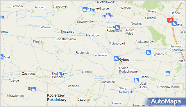 mapa Ludwików gmina Rybno, Ludwików gmina Rybno na mapie Targeo
