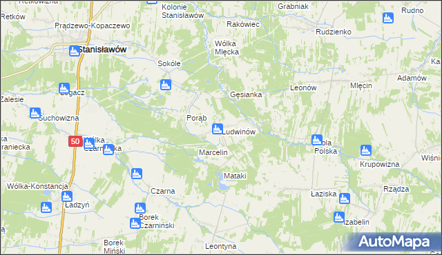 mapa Ludwinów gmina Jakubów, Ludwinów gmina Jakubów na mapie Targeo
