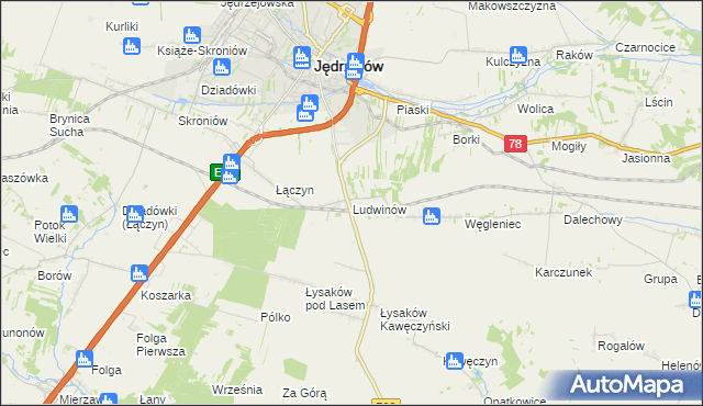 mapa Ludwinów gmina Jędrzejów, Ludwinów gmina Jędrzejów na mapie Targeo