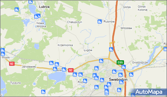 mapa Ługów gmina Świebodzin, Ługów gmina Świebodzin na mapie Targeo