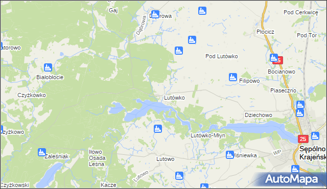 mapa Lutówko gmina Sępólno Krajeńskie, Lutówko gmina Sępólno Krajeńskie na mapie Targeo