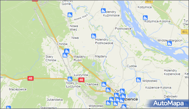 mapa Majdany gmina Kozienice, Majdany gmina Kozienice na mapie Targeo