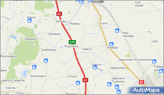mapa Malenin gmina Tczew, Malenin gmina Tczew na mapie Targeo