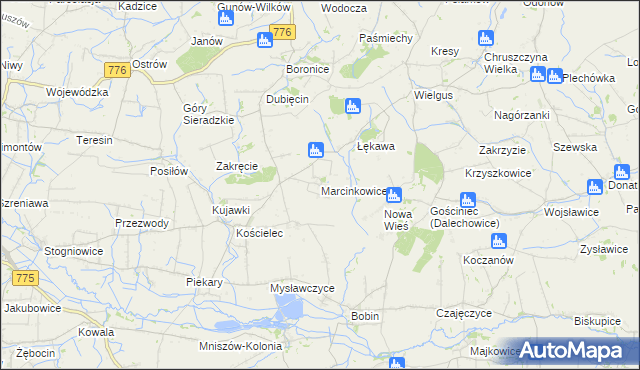 mapa Marcinkowice gmina Kazimierza Wielka, Marcinkowice gmina Kazimierza Wielka na mapie Targeo