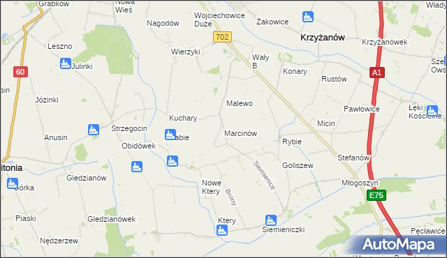 mapa Marcinów gmina Krzyżanów, Marcinów gmina Krzyżanów na mapie Targeo