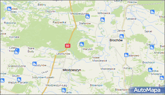 mapa Marysin gmina Młodzieszyn, Marysin gmina Młodzieszyn na mapie Targeo