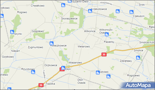 mapa Melanowo gmina Miejska Górka, Melanowo gmina Miejska Górka na mapie Targeo