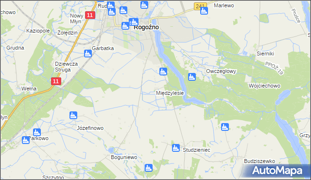mapa Międzylesie gmina Rogoźno, Międzylesie gmina Rogoźno na mapie Targeo