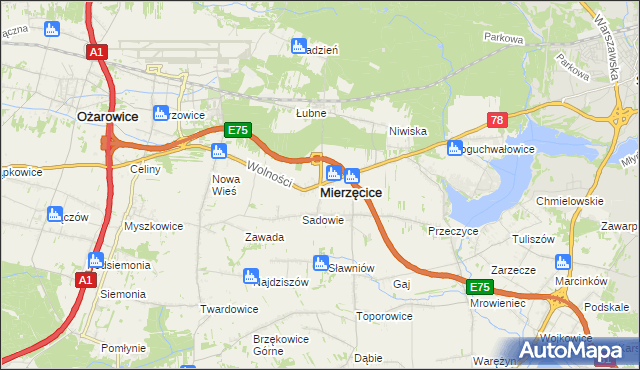 mapa Mierzęcice, Mierzęcice na mapie Targeo