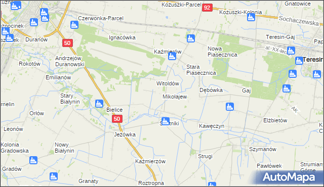 mapa Mikołajew gmina Teresin, Mikołajew gmina Teresin na mapie Targeo