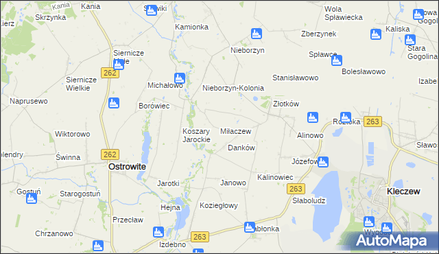 mapa Miłaczew gmina Kleczew, Miłaczew gmina Kleczew na mapie Targeo