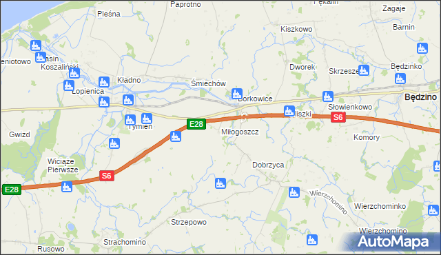 mapa Miłogoszcz gmina Będzino, Miłogoszcz gmina Będzino na mapie Targeo