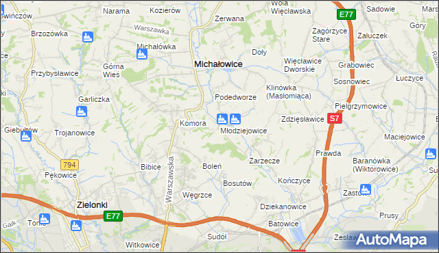 mapa Młodziejowice gmina Michałowice, Młodziejowice gmina Michałowice na mapie Targeo