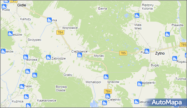 mapa Młynek gmina Gidle, Młynek gmina Gidle na mapie Targeo