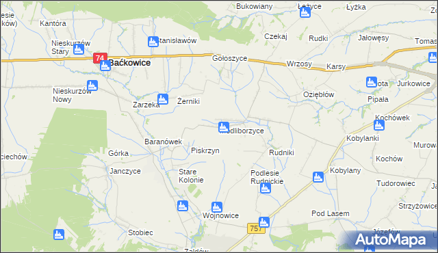 mapa Modliborzyce gmina Baćkowice, Modliborzyce gmina Baćkowice na mapie Targeo