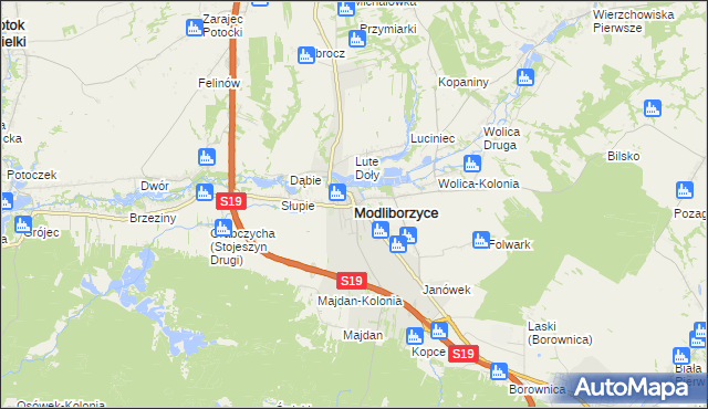 mapa Modliborzyce powiat janowski, Modliborzyce powiat janowski na mapie Targeo
