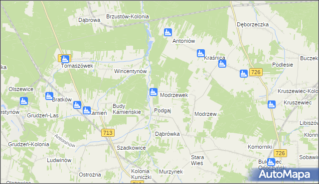 mapa Modrzewek gmina Opoczno, Modrzewek gmina Opoczno na mapie Targeo