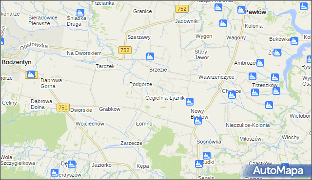 mapa Modrzewie gmina Pawłów, Modrzewie gmina Pawłów na mapie Targeo