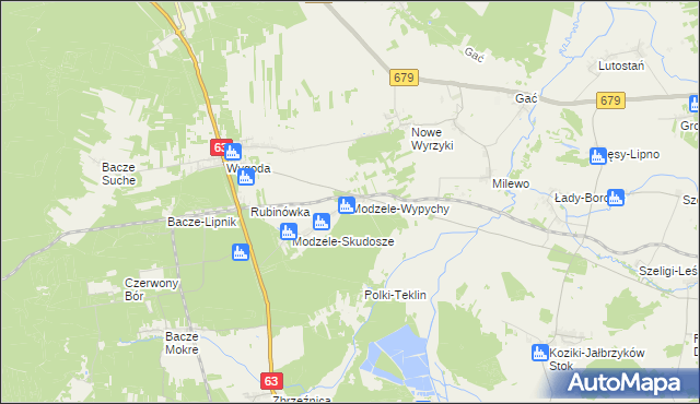 mapa Modzele-Wypychy, Modzele-Wypychy na mapie Targeo
