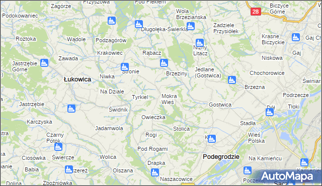 mapa Mokra Wieś gmina Podegrodzie, Mokra Wieś gmina Podegrodzie na mapie Targeo