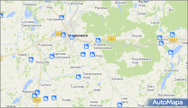 mapa Mrozy gmina Sierakowice, Mrozy gmina Sierakowice na mapie Targeo