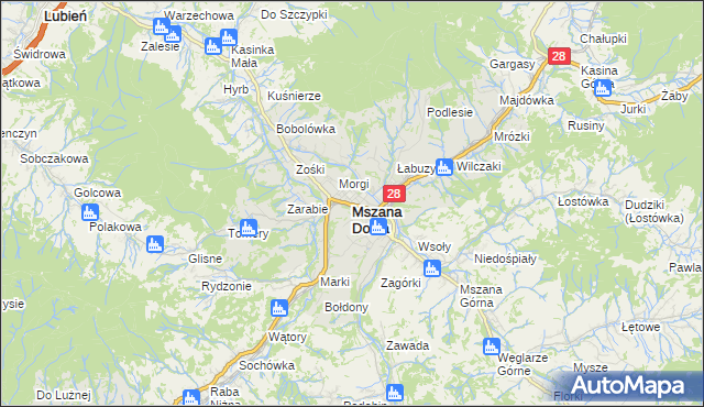 mapa Mszana Dolna, Mszana Dolna na mapie Targeo
