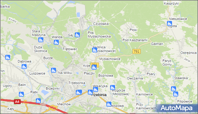 mapa Myślachowice, Myślachowice na mapie Targeo