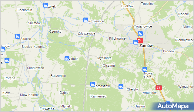 mapa Myślibórz gmina Żarnów, Myślibórz gmina Żarnów na mapie Targeo