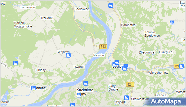 mapa Nasiłów gmina Janowiec, Nasiłów gmina Janowiec na mapie Targeo