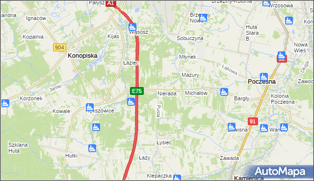 mapa Nierada gmina Poczesna, Nierada gmina Poczesna na mapie Targeo